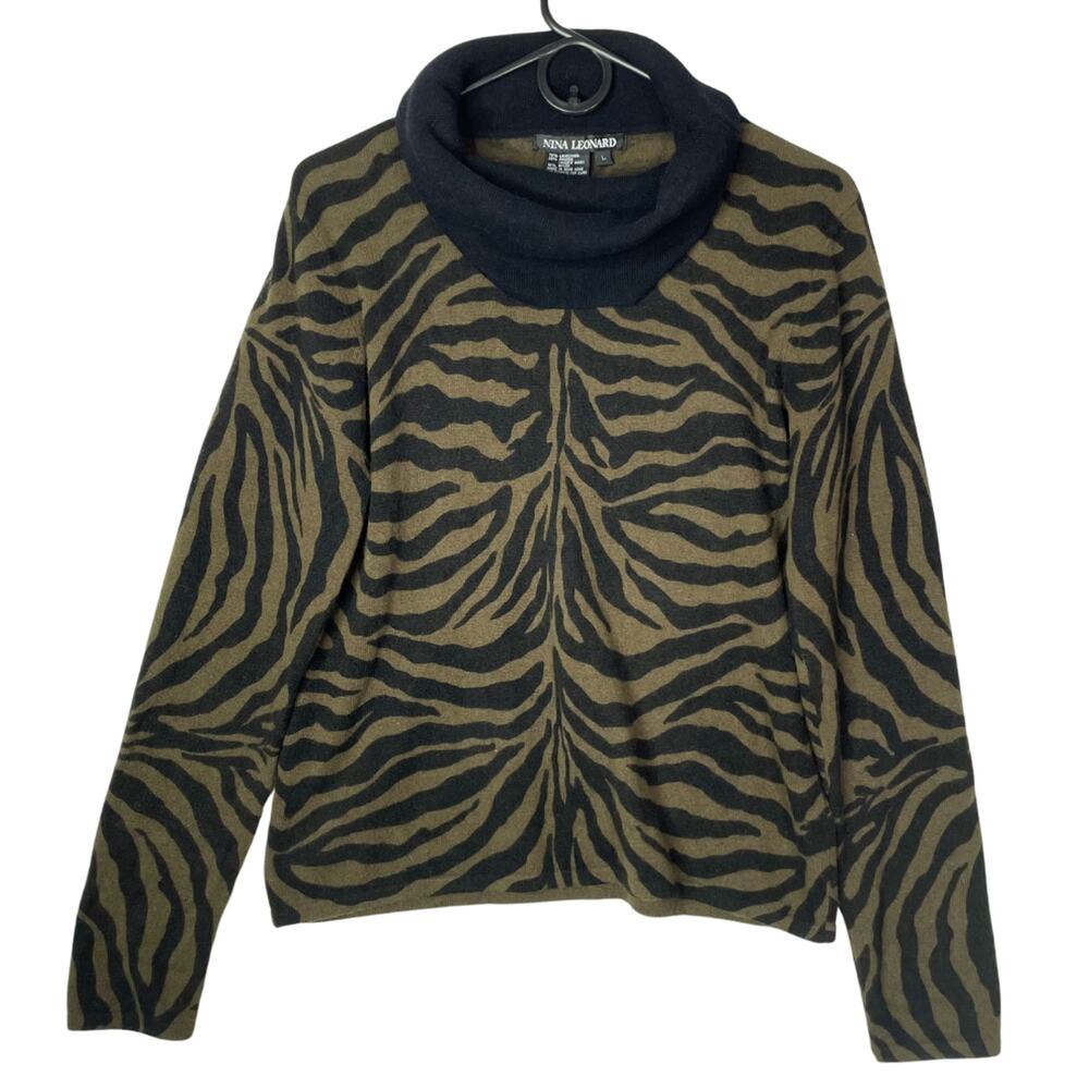 Vtg Nina Leonard‎ Wool Angora Blend Sweater L Zebra Animal Print Cowl Neck Y2K